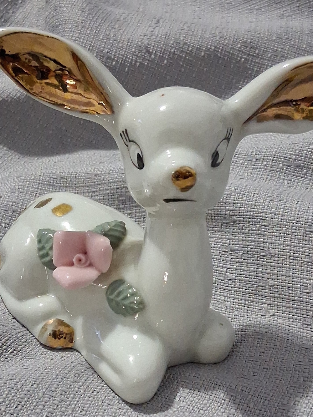 White Ceramic Deer Figurine with Pink Rose Accent